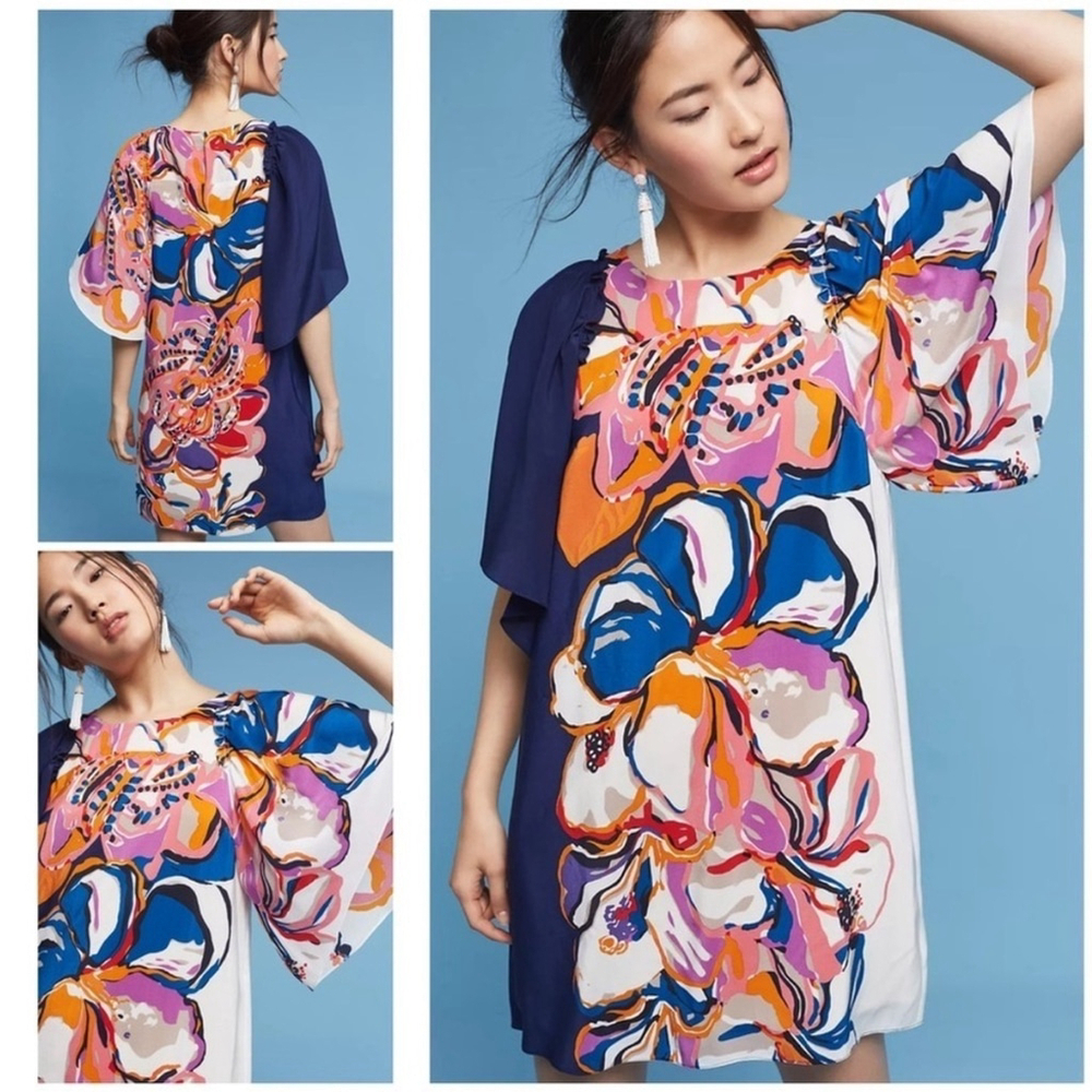 Anthropologie Maeve Floral Vero Flutter Sleeves Silk Shift Dress Sz Small